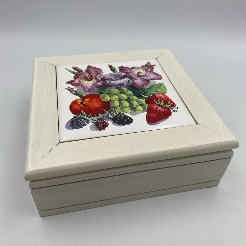 Vintage White Wood Jewelry Box with Ceramic Tile Lid Fruit and Flowers